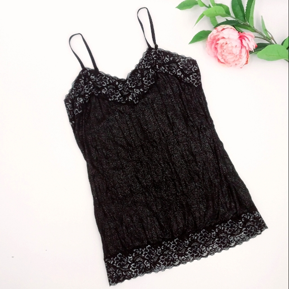 VANITY Y2k Glitter Accented Lace Trim Black Crinkled Stretch Fabric Cami M - Picture 1 of 10